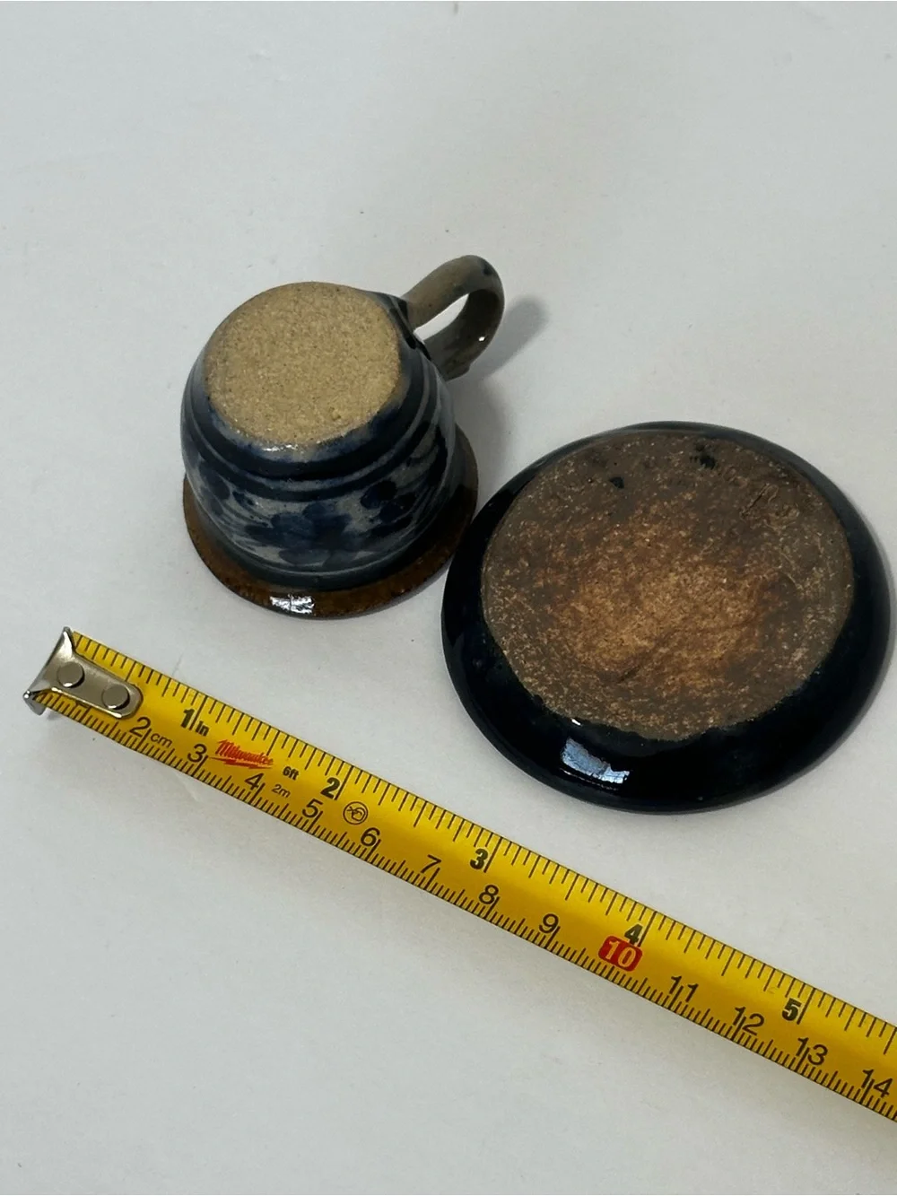 Handcrafted Mini Ceramic Cup and Saucer - Blue and Brown